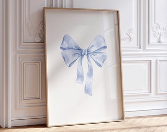 Blue Bow Nursery Print, Coquette Room Decor, Coastal Wall Art, Preppy Girly Poster, Balletcore Wall Art, Trendy Watercolor Blue Bows Print