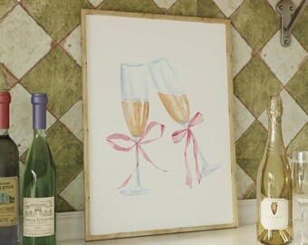 Pink Bow Champagne Glass, Coquette Art, Balletcore Wall Art, Preppy Bar Cart Print, Trendy Bar Cart Decor, Champagne Print, DIGITAL DOWNLOAD