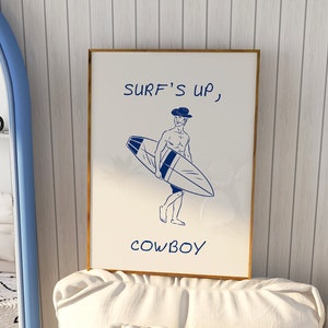 Surf&#39;s Up Cowboy, Coastal Cowboy Print, Retro Coastal Wall Art, Trendy Coastal Art Print, Surfing Poster, Beach House Wall Decor Digital Art