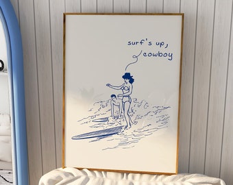 Surf's Up Cowboy, Coastal Cowgirl Print, Retro Coastal Wall Art, Trendy Coastal Art Print, Surfing Poster, Beach House Decor Digital Art
