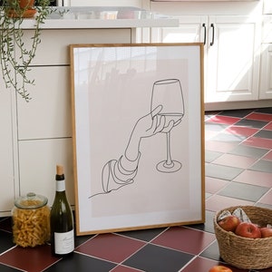 Wijnprint, handgetekende lijnkunstprint, glas wijn afdrukbare muurkunst, minimalistische barprint, esthetische barkardecor, eten & drinken print