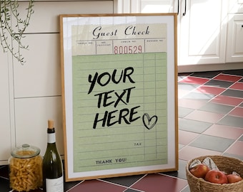 Custom Guest Check Print, Trendy Guest Check Print, Retro Personalized Guest Check Wall Art, Funky Kitchen Decor, Aesthetic Bar Cart Print