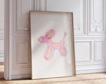 Dog Balloon Print, Retro Wall Art, 70s Aesthetic Trendy Holographic Print, Preppy Decor, Aesthetic Wall Art, Yk2 Funky Pink Digital Poster