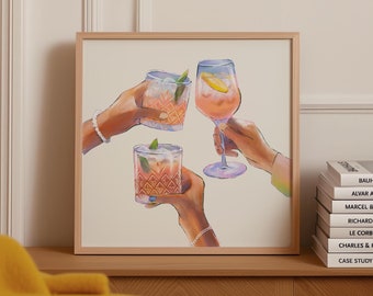 Stampa carrello bar retrò, poster Cheers, decorazione carrello bar, arte murale per cucina, stampa artistica di bevande alla moda, arte murale colorata e luminosa, DOWNLOAD DIGITALE