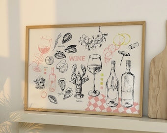 Wine & Sea Food Sketch Print, Wine Oysters Fish Crab Lobster Poster, Aesthetic Dining Room Decor, Food Art Print, Trendy Kitchen DIGITAL ART