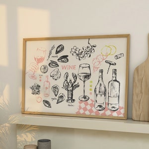 Wine & Sea Food Sketch Print, Wine Oysters Fish Crab Lobster Poster, Aesthetic Dining Room Decor, Food Art Print, Trendy Kitchen DIGITAL ART