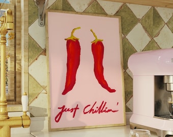 Just Chillin Print, Chilli Poster, Retro Kitchen Wall Art, Trendy Kitchen Printable Art, Aesthetic Kitchen Decor, Funny Chilli Print DIGITAL