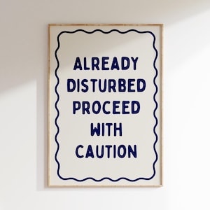 Pode incluir: Uma impressão emoldurada com fundo branco e moldura azul. O texto dentro da moldura diz "ALREADY DISTURBED PROCEED WITH CAUTION".