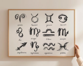 May include: A black and white print of the 12 zodiac signs with their names written below each symbol. The signs are drawn in a brushstroke style.