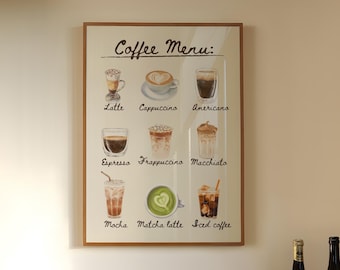 Menù del bar, poster con i tipi di caffè, stampa della guida al caffè, arte digitale minimalista del caffè, stampa trendy del bar del caffè, stampe moderne del caffè