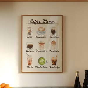 Cardápio de cafeteria, pôster de tipos de café, impressão de guia de café, arte digital minimalista de café, impressão de cafeteria moderna, imprimíveis de café modernos