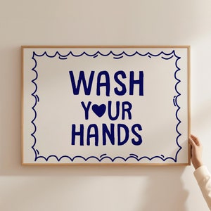 Wash Your Hands Print, Trendy Bathroom Decor, Blue Bathroom Wall Art, Blue Retro Bathroom Prints, Girly Bathroom Poster, DIGITAL DOWNLOAD