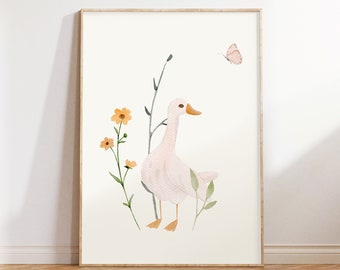 Easter Duck Print, Easter Printable Wall Art, Watercolor Easter Nursery Painting Digital, Neutral Easter Home Decor, Rustic Easter Decor