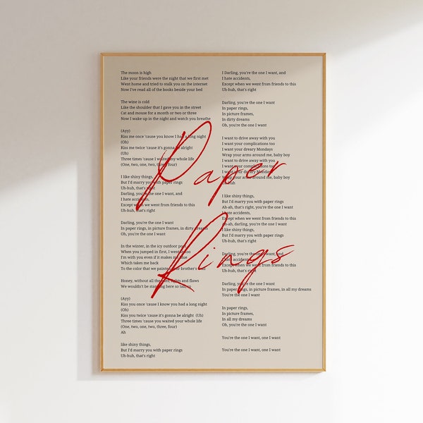 Paper Rings Song Lyrics Printable Poster, Minimalist Taylor's Version Digital Download Art Print, Aesthetic Girly Wall Art