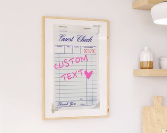 Custom Guest Check Print, Retro Personalized Guest Check Wall Art, Funky Kitchen Wall Decor, Aesthetic Bar Cart Decor, DIGITAL DOWNLOAD