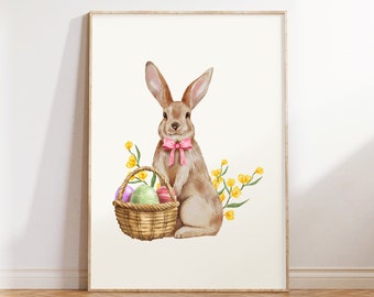 Aquarell Osterhase Kunstdruck, Blumenkorb (Digitaler Download)