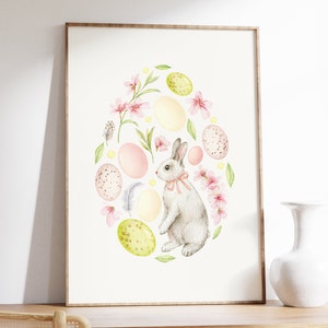 Déco de Pâques moderne, Imprimables de Pâques, Oeufs de Pâques pastel, Décoration d&#39;intérieur de Pâques neutre, Impression numérique florale de Pâques, Impression de lapin de Pâques