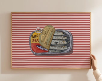 Tinned Fish Print, Sardines Prints, Seafood Print, Retro Fish Illustration, Trendy Dining Room Prints, Restaurant Wall Art, DIGITAL DOWNLOAD