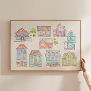 Poppy Village Illustration Print, Abstract Painting, Grandmillenial Prints, Cozy Living Room Decor, Cottagecore Decor, DIGITAL DOWNLOAD