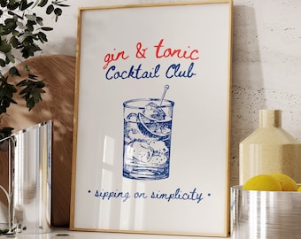 Gin & Tonic Print, Retro Cocktail Art, Hand Drawn Poster, Bar Cart Decor, Gin Tonic Cocktail Poster DIGITAL DOWNLOAD, Funky Kitchen Prints