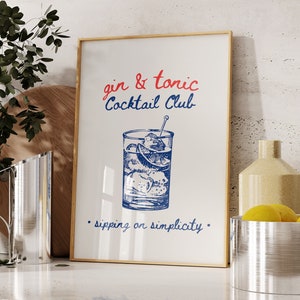 Gin & Tonic Print, Retro Cocktail Poster, Handgezeichnetes Poster, Bar Dekor, Gin Tonic Cocktail Poster DIGITAL DOWNLOAD, Funky Kitchen Prints