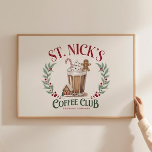 セントニックのコーヒークラブ、クリスマスのお祝いのキッチンデコレーション、トレンディなクリスマスの印刷可能な壁アート、クリスマスのコーヒーコーナーデコレーション、デジタルダウンロード