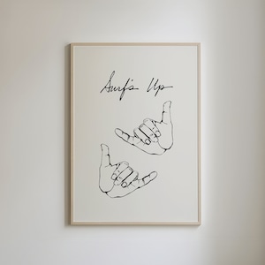 Surf's Up print, surfen citaat poster, minimalistische kustmuurkunst, Shaka hand poster, moderne beachy kunst, strandhuisdecor digitale download