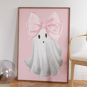 Pink Bow Ghost Wall Art, Preppy Halloween Printable Art, Coquette Halloween Art, Cute Ghost Print, Groovy Halloween Decor, DIGITAL DOWNLOAD