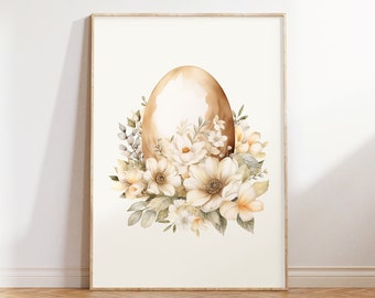 Beige Floral Easter Egg Print, Watercolor Painting (Digital Download)