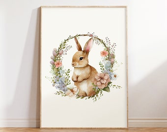 Easter Bunny Print, Easter Nursery Decor, Spring Rabbit Art, Floral Easter Wreath Prints, Watercolor Easter Printables, Neutral Easter Decor