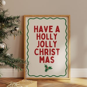 Trendiger Weihnachtsdruck, Have a Holly Jolly Weihnachtswandkunst, Retro Grün-Rotes Weihnachtsdekor, Weihnachtstypografie, DIGITALER DOWNLOAD