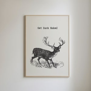 Impresión de baño vintage, póster de ciervo retro, arte de baño minimalista, impresión divertida de baño, letrero de &quot;Get Buck Naked&quot;, arte estético de baño DIGITAL