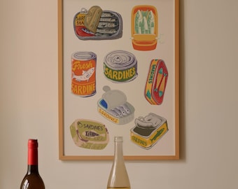 Stampa di pesce in scatola, stampa artistica di sardine, arte culinaria retrò, illustrazione di pesce retrò, stampa artistica di ristoranti, arredamento da cucina alla moda, poster di sardine