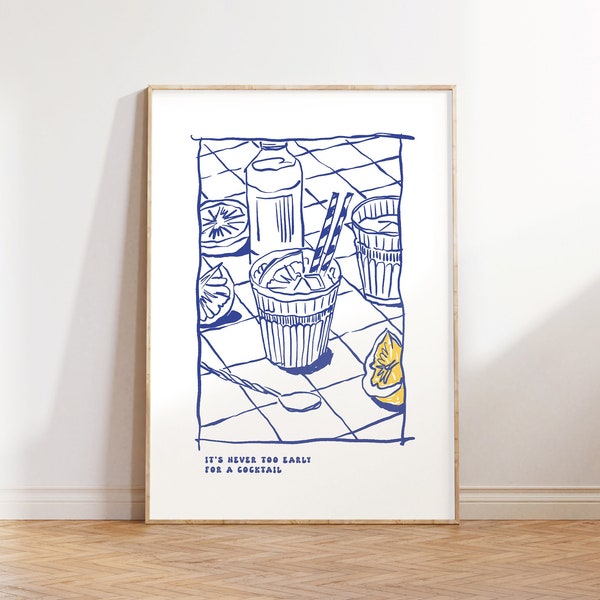 It’s Never too Early for a Cocktail Print, Retro Cocktail Poster, Funky Cocktail Wall Art, Home Bar Cart Decor, Hand Drawn Food Drink Prints