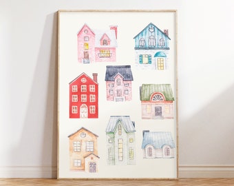 Poppy Village Illustration Print, Abstract Vintage Painting, Trendy Living Room Apartment Art Decor, Cottagecore Decor, Printable Wall Art