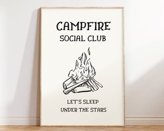May include: Black and white illustration of a campfire with the text "Campfire Social Club" and "Let's sleep under the stars" on a white background.