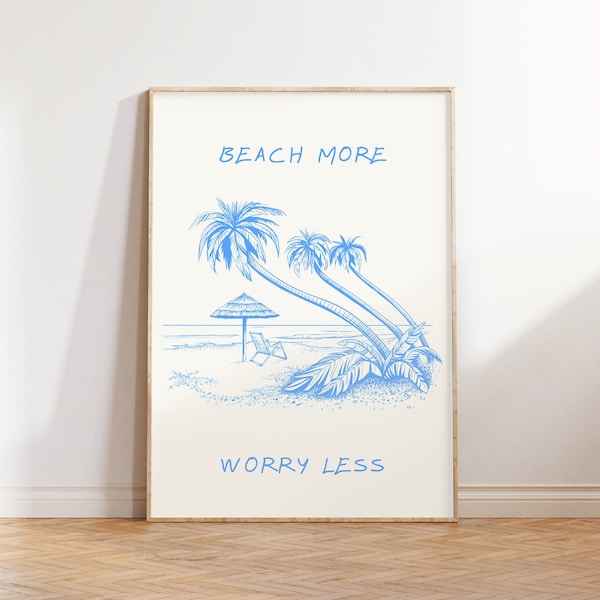 Beach More Worry Less Print, Vintage Beach Poster, Retro Trendy Coastal Wall Art, Retro Beach House Decor, Beachy Wall Art Digital Download