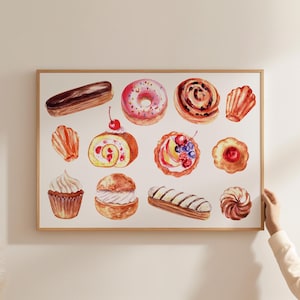 Watercolor Sweet Dessert Cake Poster, Patisserie Print, Trendy Kitchen Wall Art, Bakery Decor, Baking Print, Pastry Poster, DIGITAL DOWNLOAD