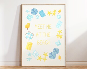 Meet Me at the Beach Print, Trendy Coastal Wall Art, Blue Beach House Decor, Ocean Wall Art, Girly Aesthetic Decor, Summer Beachy Wall Art