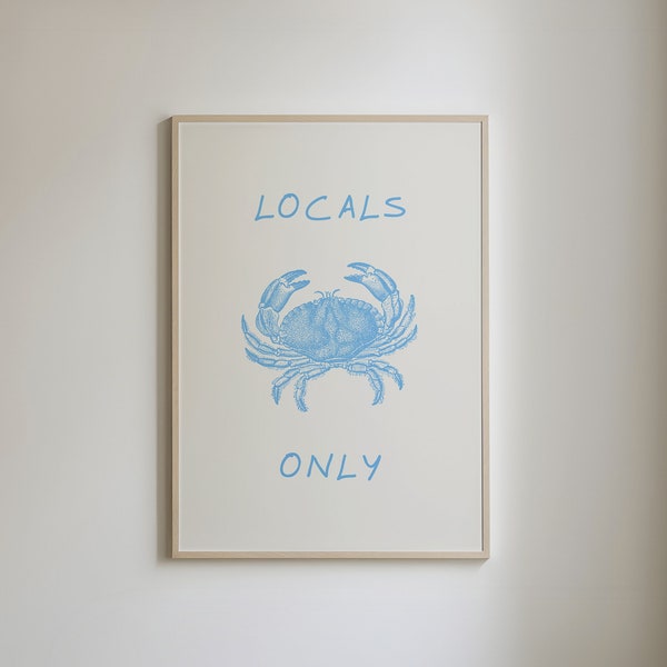 Locals Only Print, Funny Crab Print, Minimalist Beach House Decor, Modern Coastal Prints, Cute Sea Wall Art, Beachy Poster, Digital Download