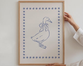 Cute Goose with Bow Print, Cottagecore Decor, Girly Wall Art, Blue Nursery Print, Aesthetic Apartment, Farmhouse Printable, DIGITAL DOWNLOAD