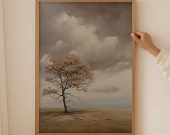 Moody Landscape Art Print, Cloudy Sky Painting, Mutes Landscape Art, Warm Tone Rustic Wall Art, Neutral Cottagecore Decor, DIGITAL DOWNLOAD