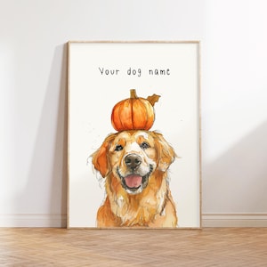 Impresión de calabaza de Labrador, arte de Golden Retriever, arte de pared imprimible de otoño, impresiones de perros lindos, Halloween de perros, decoración acogedora de otoño, DESCARGA DIGITAL