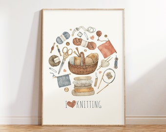 Knitting Drawing, Craft Room Decoration, Minimalist Knitting Art Print, Crochet Poster, Knitting Digital Download, Yarn Print, Knitting Gift