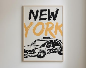 Vintage NYC Print, New York Taxi Print, NYC Wall Art, New York City Poster, Minimalist New York Print, Retro New York Art, Digital Download