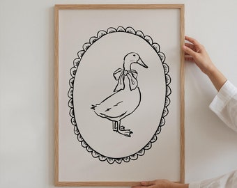 Goose with Bow Print, Cute Goose Art, Beige Nursery Decor, Farmhouse Printable, Coquette Room Decor, Girl's Room Wall Art, DIGITAL DOWNLOAD