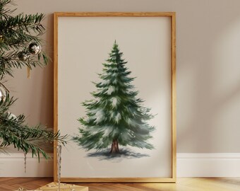 Christmas Tree Print, Christmas Printable Wall Art, Vintage Style Christmas Wall Decor, Snowy Tree Watercolour Painting, Winter Wall Art