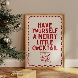 楽しいカクテルをどうぞ、緑と赤のクリスマスデコレーション、レトロなクリスマスバーカートデコレーション、クリスマスタイポグラフィプリント、デジタルダウンロード