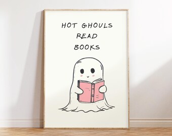 Hot Ghouls Read Books, Groovy Halloween Prints, Trendy Halloween Printables, Retro Halloween Decor, Cute Ghost Print, DIGITAL DOWNLOAD