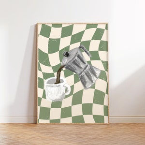 May include: A green and white checkered background with a silver coffee pot pouring coffee into a white mug.